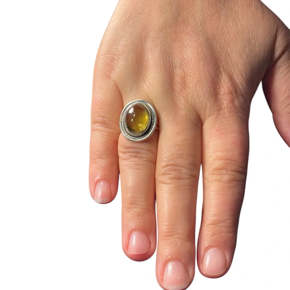 925 Sterling Silver Yellow Amber Gemstone Ring/size6.5